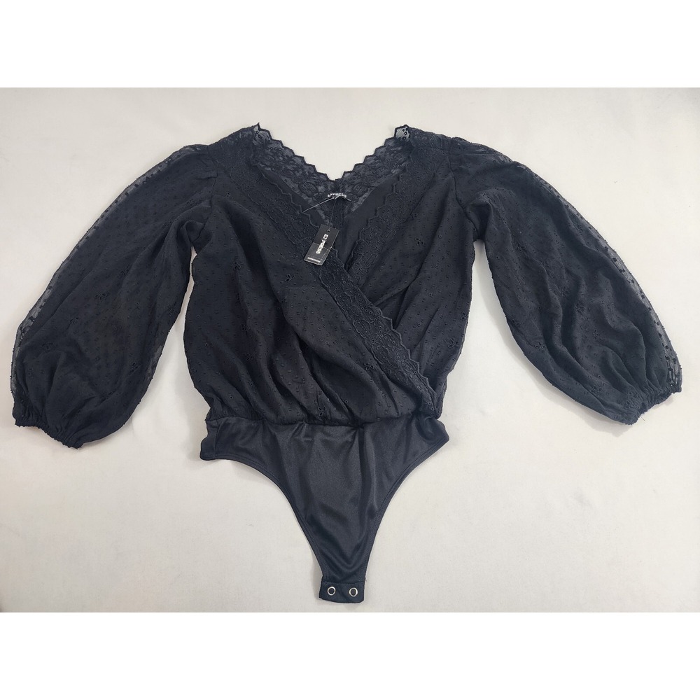 Express Black Lace Trim Eyelet Balloon Sleeve Blouse Bodysuit XS 08658322